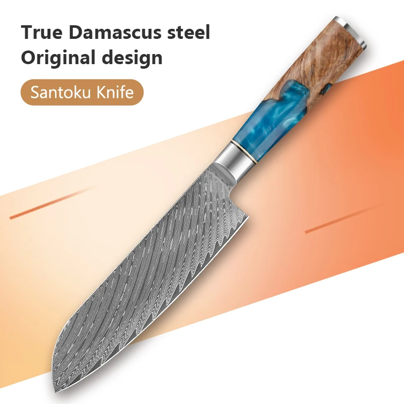 

7 inch Santoku Knife Damascus Steel 67 layers Kitchen knife Classic Restaurants Japanese handmade knife With Resin Handle