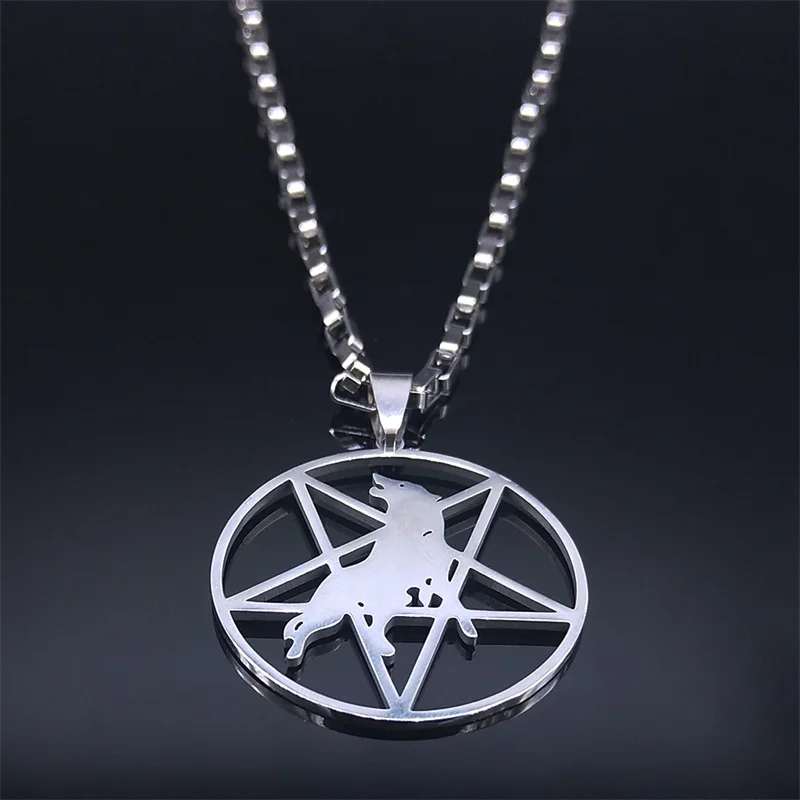 Inverted Pentagram Wolf Stainless Steel Statement Necklace Silver Color Music Band Pendants Necklaces Jewery colgante N1149S06