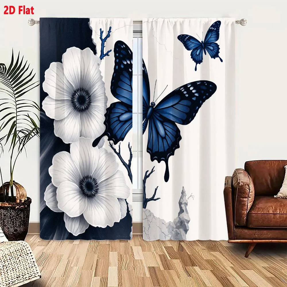 2Pcs Curtains 2D Flat Surreal Dreamy White Anemone Flowers & Blue Butterflies Artistic Composition With Light Cream Cracked Back