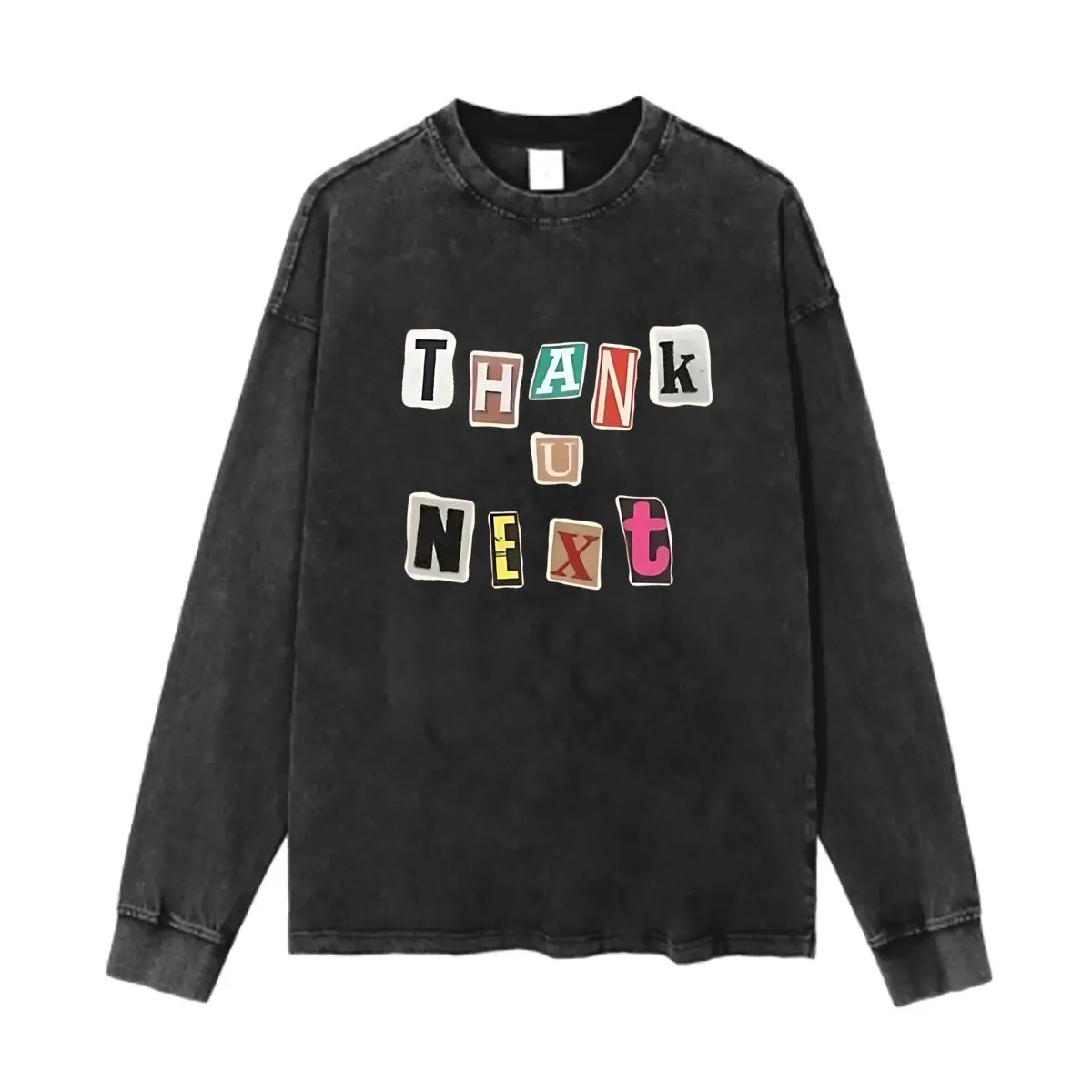 تي شيرت Thank U Next Collage Text من القطن المغسول العتيق بياقة دائرية وأكمام طويلة للرجال والنساء