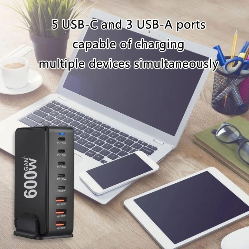 600W Desktop GaNs USB C USB A Charging Station Desktop Mutliport for Fast Laptop Power Adapter