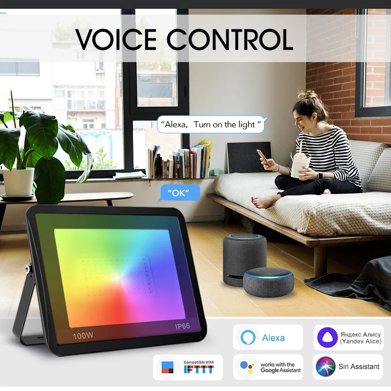 Smart TUYA RGB Floodlight APP Voice Control RGBCW CCT Outdoor Spotlight 30W-100W AC220V IP66 Waterproof Decor Wall Floodlight