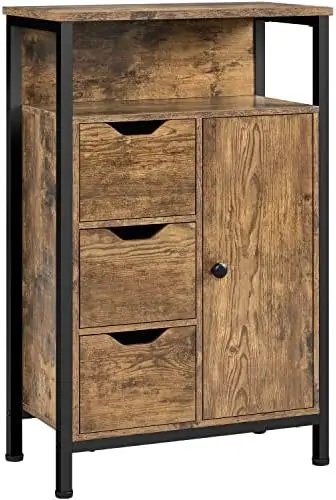 

Industrial Bathroom Floor Cabinet, Freestanding Wooden Organizer, Multiple Tiers Storage Cabinet with 3 Drawers, 1 Door & Adjust