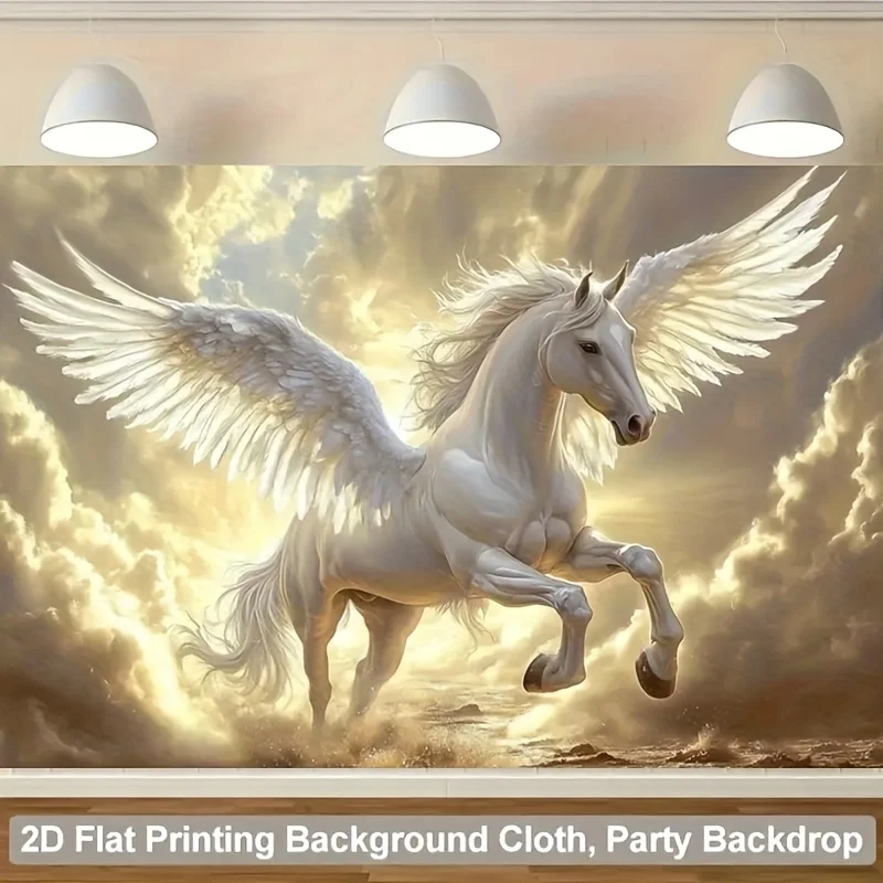 Majestic Pegasus Tapestry, White Winged Horse Flying in Clouds, Fantasy Mythical Wall Hanging Golden Sky Bedroom Decor Ethereal