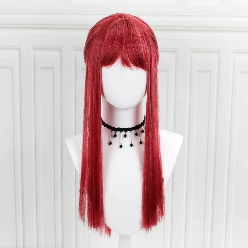 أنيمي بالمنشار رجل تأثيري حلي شعر مستعار ماكيما طويل أحمر وردي مقاومة للحرارة الشعر الاصطناعية لعب الأدوار شعر مستعار للهالوين