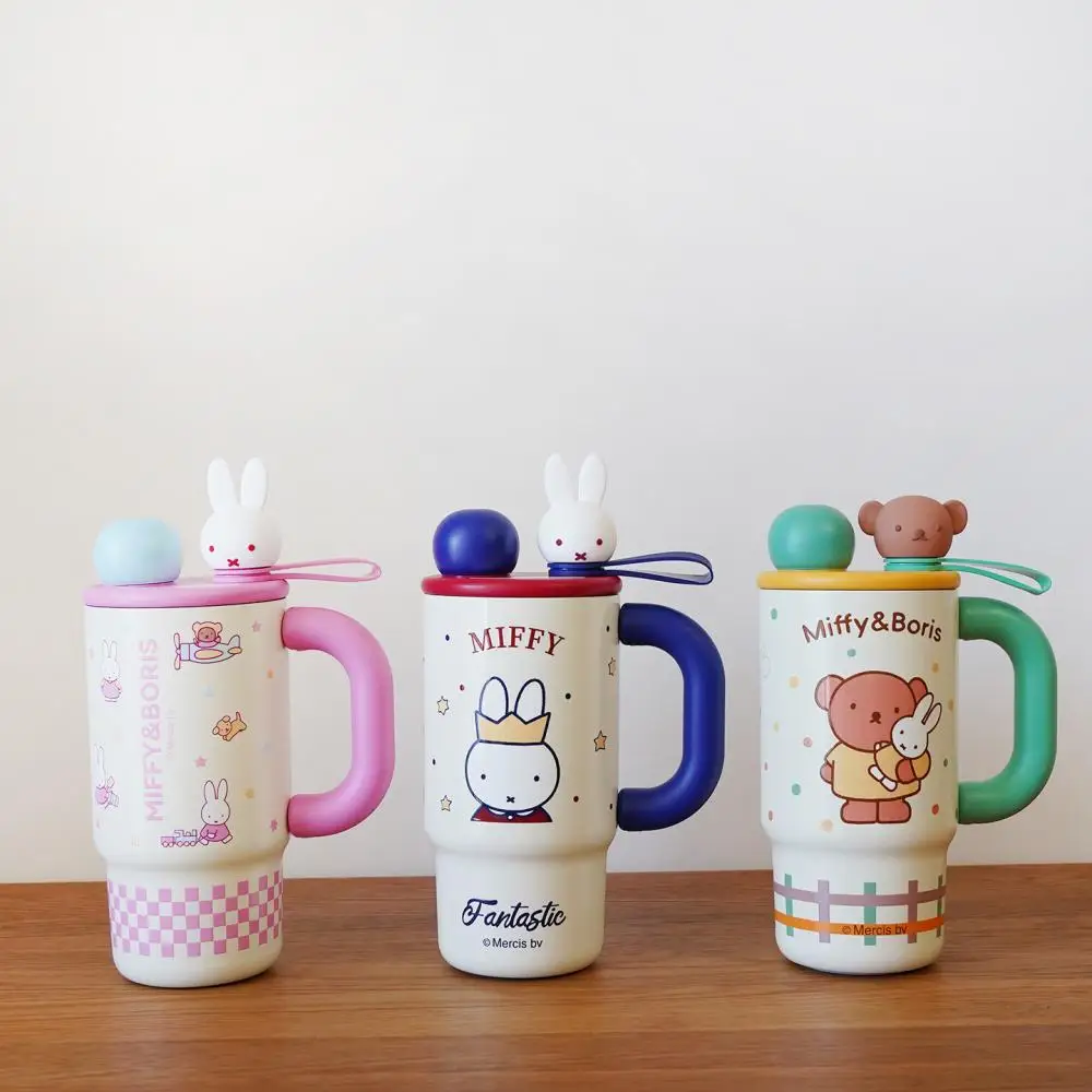 Miffy Cartoon Kinder-Thermosbecher mit Griff, isolierte Tasse aus Edelstahl im mehreren Stil, niedliches Kaninchen-Bär-Muster, thermisch