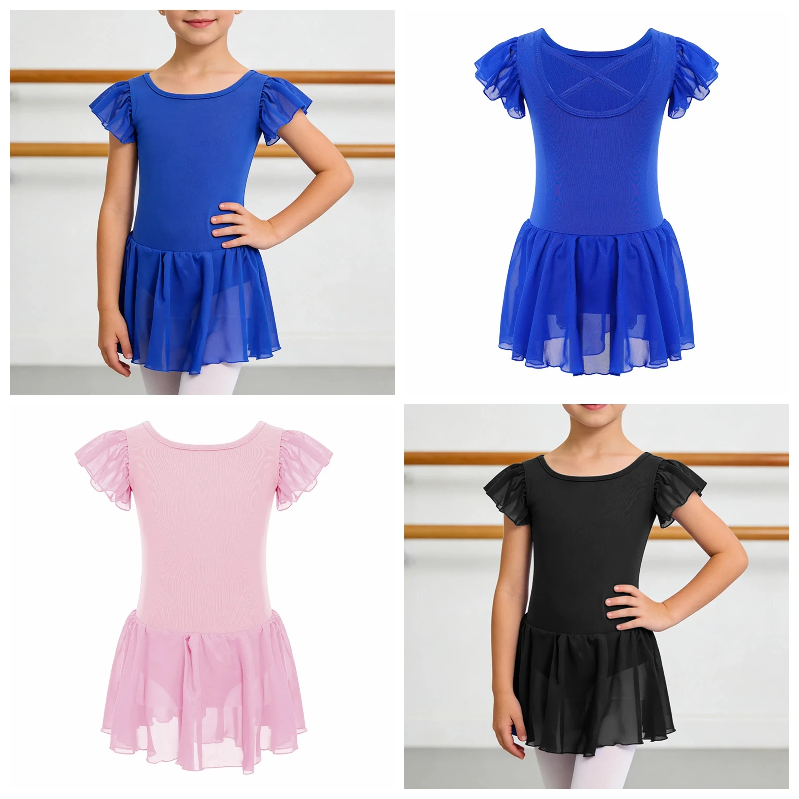 

Ruffle Sleeves Ballet Dance Dress Girls Ballerina Dance Practice Clothes Kids Girls Cross Back Ballet Skirted Leotard Dress