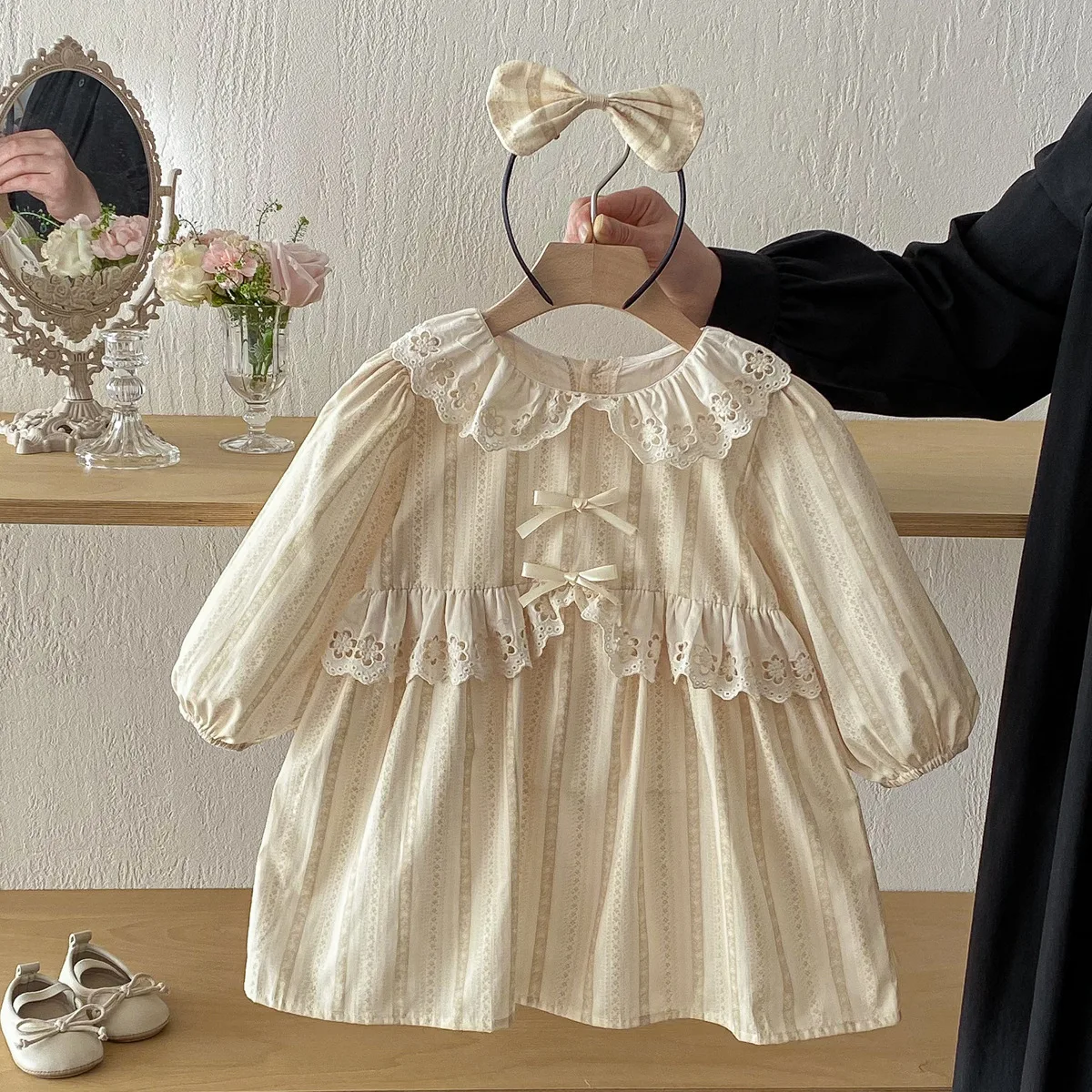 

2026 Spring Toddler Girl Dress Cotton Peter Pan Collar Long Sleeve Elegant Princess Ruffle Casual Party Wear for Little Girls