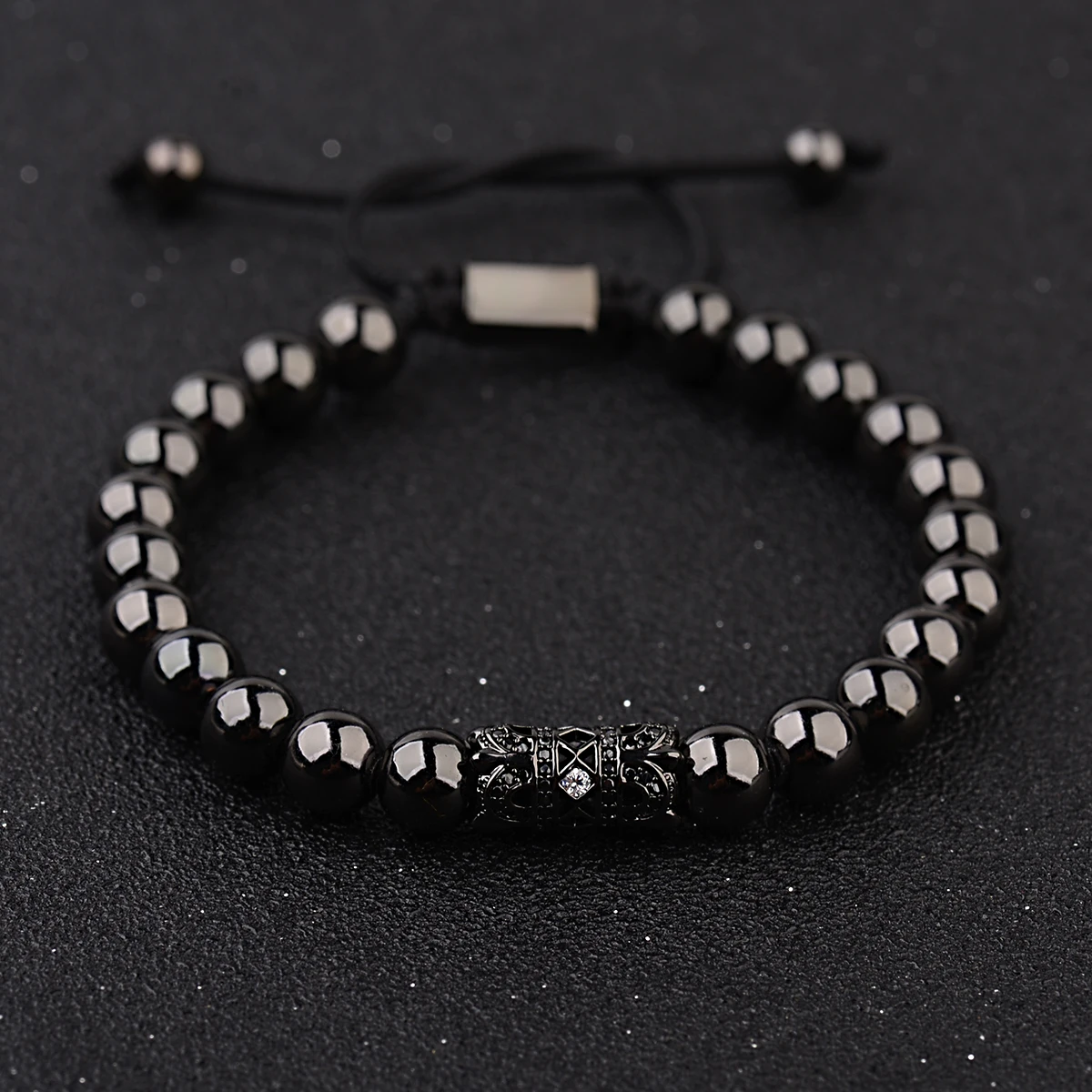 Men Vintage Silver Metal Ball Bead Bracelet Fashion Carved Double Crown Crystal Spacer Beads Charm Bracelets Homme New Jewelry