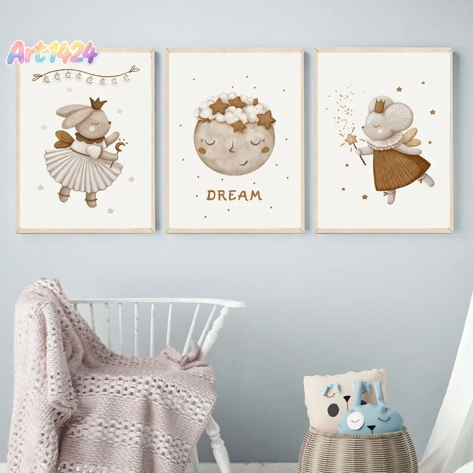 Boho Woodland Animal Children Moon Rainbow Mouse Magic Wall Art Aesthetics Print Canvas Painting Posters for Living Room Deco