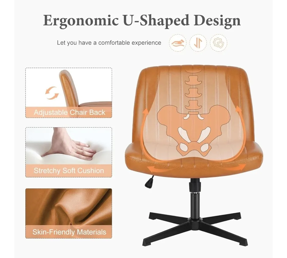 كرسي مكتب حديث بدون ذراعين مع 360 درجة °   دوار وارتفاع قابل للتعديل، مقاعد مهام من قماش جلد البولي يوريثان للمكتب المنزلي - بني