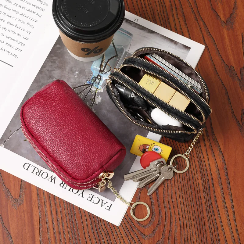 Fashion Women Coin Purse PU Leather Three Zipper Short Card Holder Wallet with Key Chain
