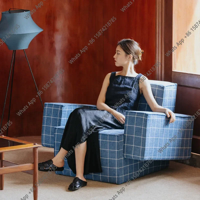 W Blue Plaid Medieval Single Sofa Living Room Haute Couture Modern Sofa Design Retro