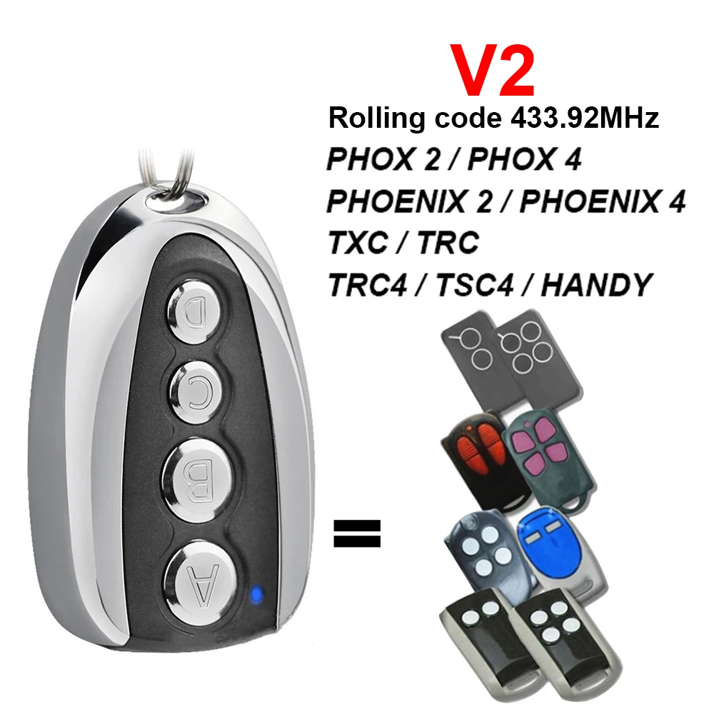 For V2 PHOX 2 4 PHOX2 PHOX4 PHOENIX 2 4 PHOENIX2 PHOENIX4 TXC TRC4 TSC4 HANDY Garage Door Remote Control 433.92MHz Rolling Code