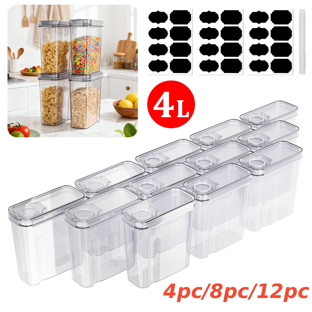 Ensemble de 4/8/12 boîtes de conservation hermétiques transparentes de 4 L pour céréales, bonbons et aliments secs