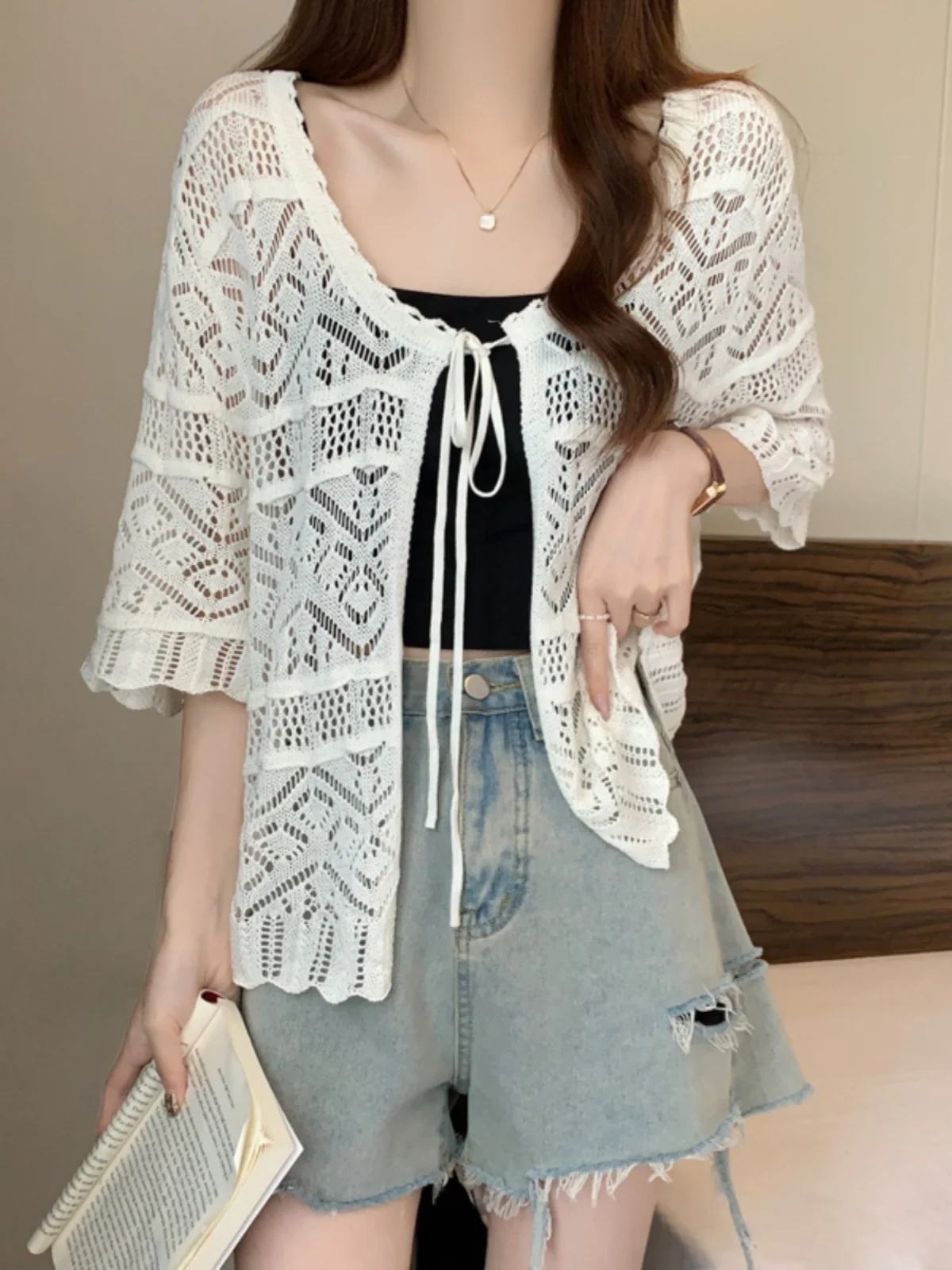 Ice Silk Knitted Mid-Sleeve Open Cardigan Women's Summer plus Size Slimming Design Hollow out Outerwear Top Korean Style V-Neck