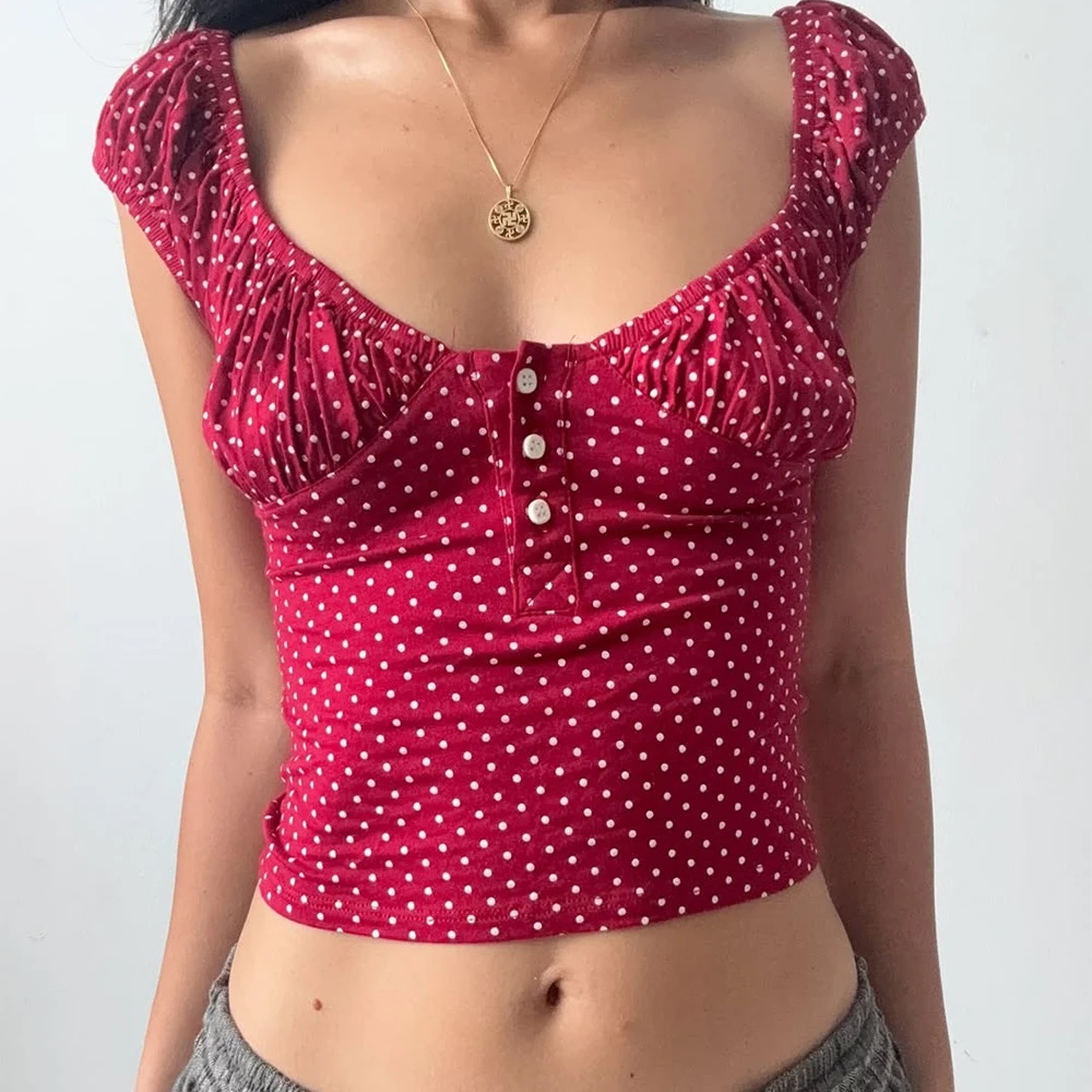 

Women Summer Cutest Babydoll Striped/Polka Dot Print Crop Tops Short Sleeve Button Slim Fits Aesthetic Milkmaid T-shirts Tees