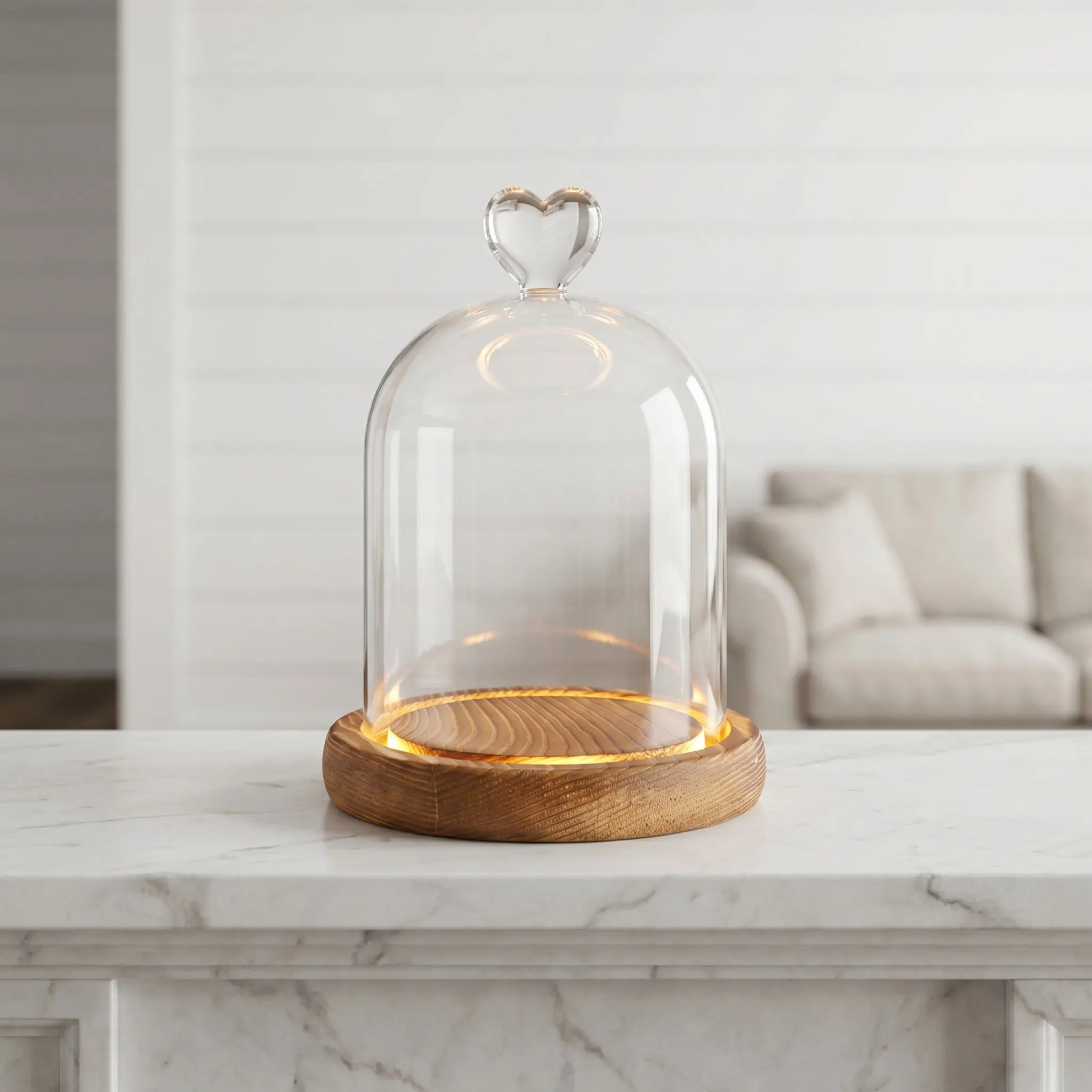 Preserved Flower Glass Dome Heart Decorative Display Cloche Vintage Wood Base Soft Light Dustproof Keepsake Display