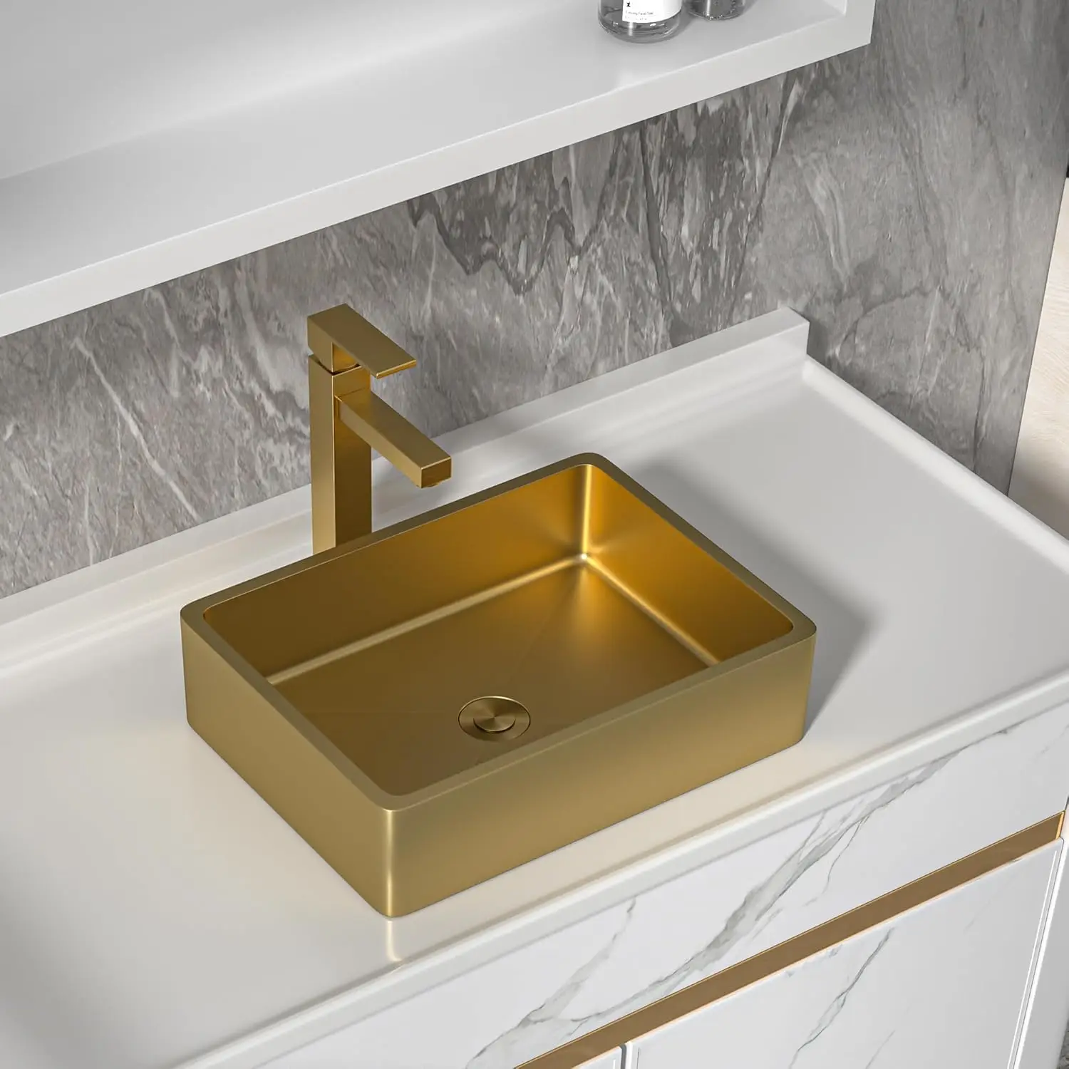 Modern Bathroom Vanity Basin-304 Stainless Steel 16 Gauge Brushed Gold NANO-PVD Easy Clean Rectangular Vessel Sink