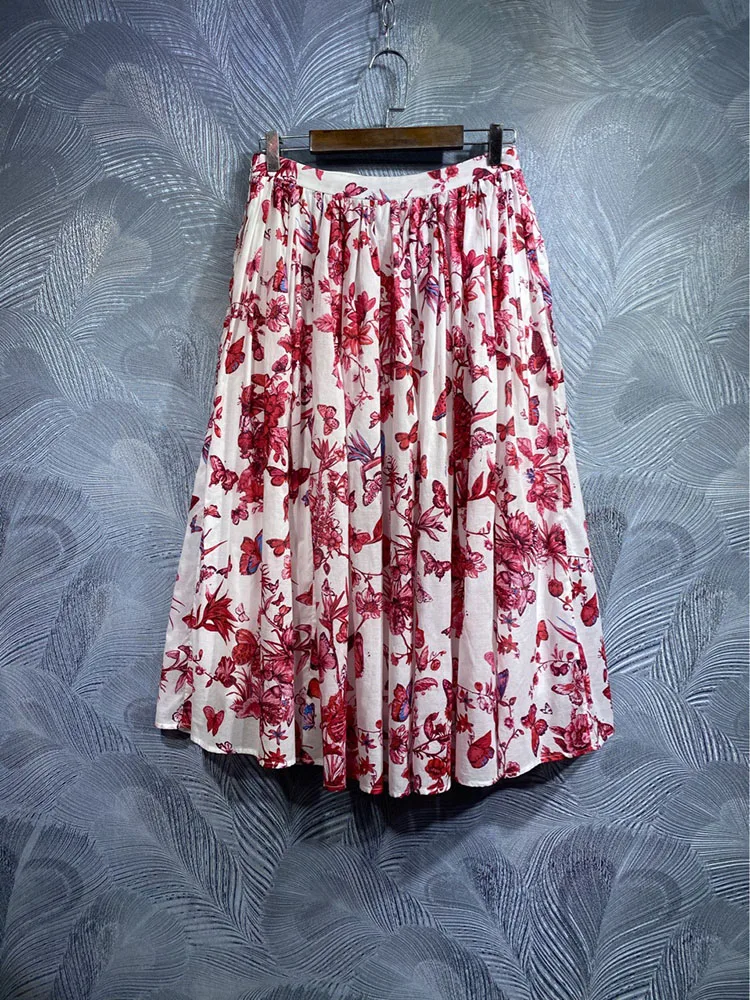 

High street Women Skirt 100% Cotton Flower Printing Half Dress Party Vacation Empire Expansion