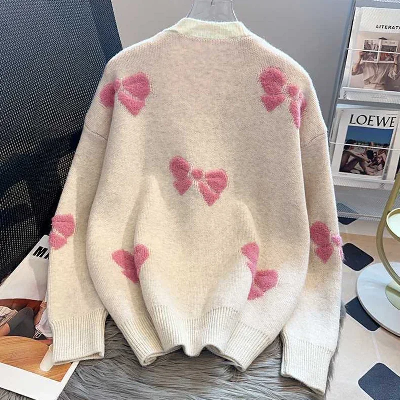 Jmprs Christmas Red Bow Sweaters Women Loose Sweet Knitted Pullovers Korean Fashion Long Sleeve Elegant Lady Kawaii Tops Jumpers