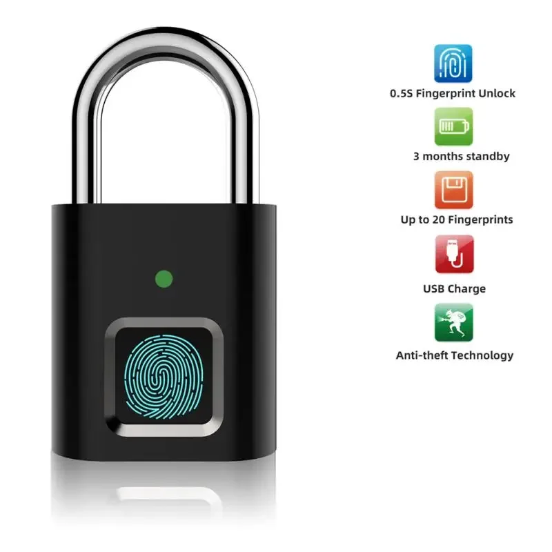 

Fingerprint Padlock Biometric Metal Keyless Thumbprint Lock USB Rechargeable for Luggage Bookcase Suitcase Backpack Bike Door