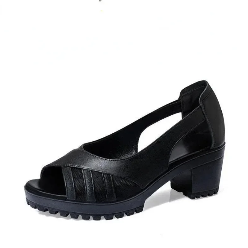 Women\'s Sandals 2024 Summer New Retro Fish Mouth Mesh Breathable Sandals Thick Bottom High Heels Soft Leather Sandals