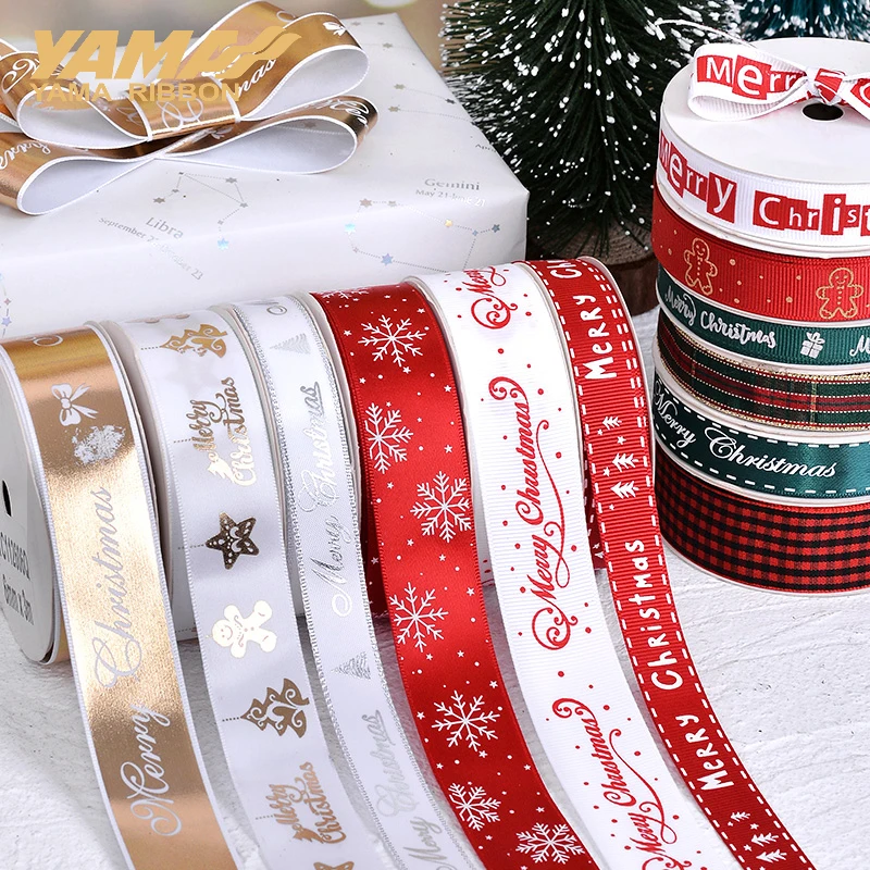 YAMA-Christmas Decoration Ribbon, Printed Gold Series Ribbons, DIY Xmas Tree Craft Supplies, 9mm, 16mm, 25mm