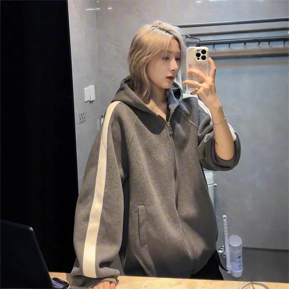 2025 New Autumn Fashion Contrasting Color Splicing Zipper Cardigan Sweatshirt Plus Velvet Thickened Heavyweight Loose Jacket