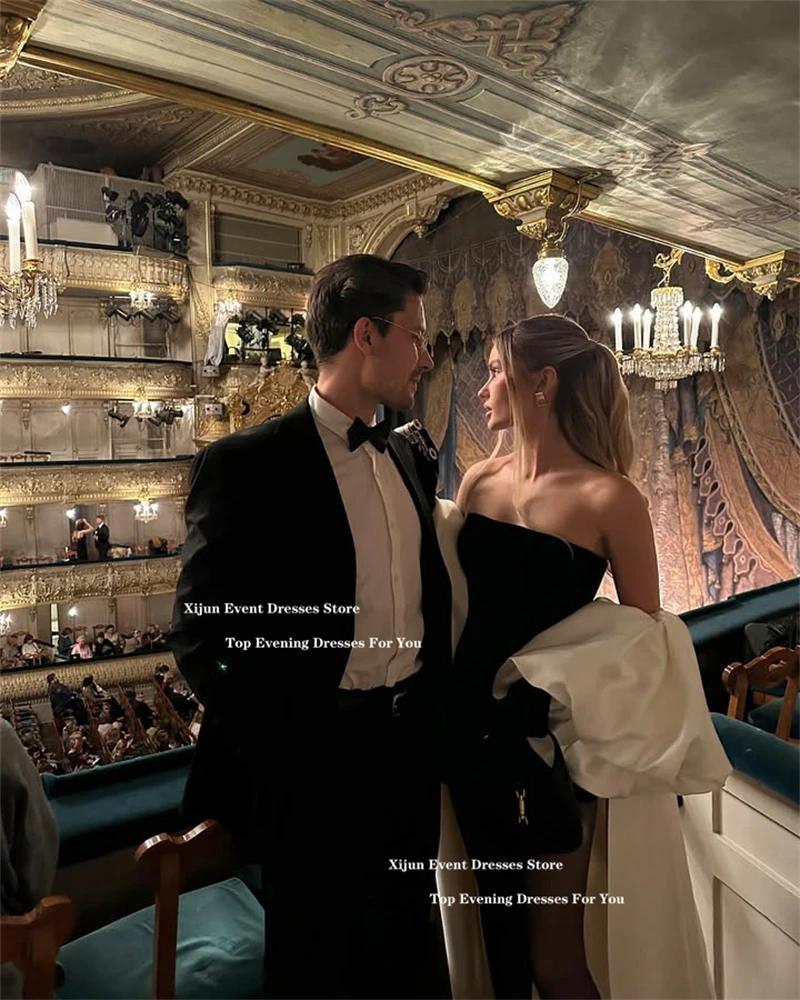 Elegant Black and White Strapless High-Low Evening Dress