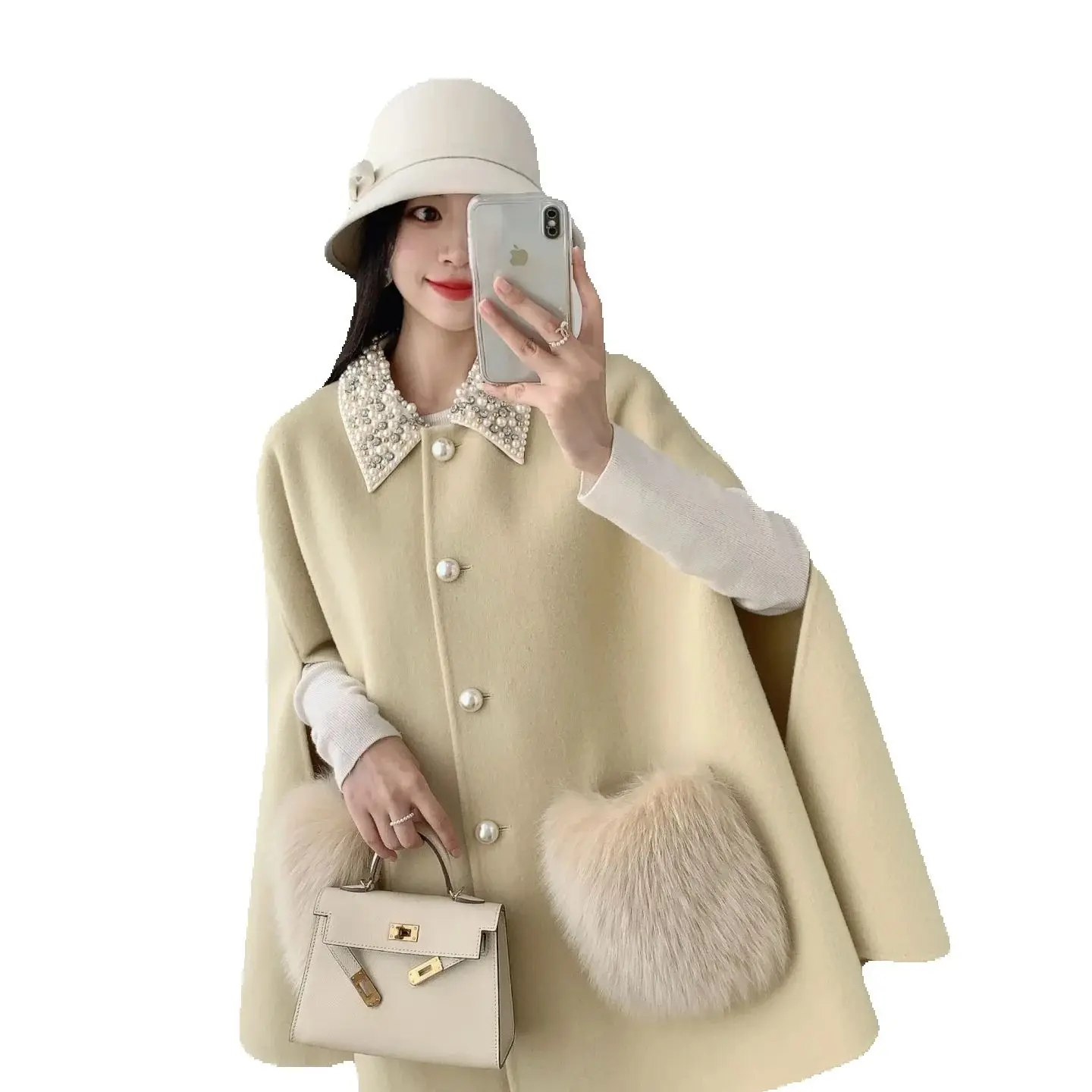 Cream yellowish green A thousand gold cloak, a double-sided woolen cloak, a woolen fox fur coat, for women