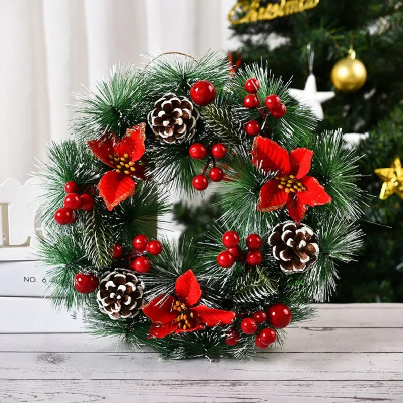 32cm Front Door Christmas Wreath With Christmas Pine Cone Pine Needle Snow Christmas Garland Hanging Wreath Decoration Ornament