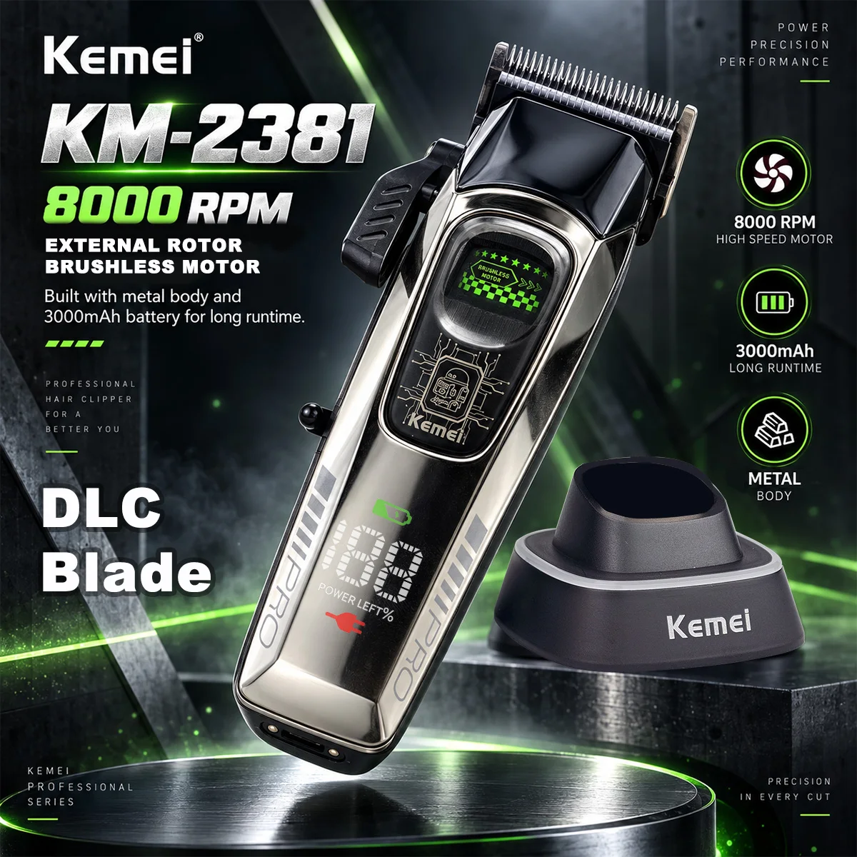 Kemei KM-2381 Bold Hair Cut Machine DLC Blade External Rotor Brushless Motor with Base Charger Professional Hair Clipper for Men
