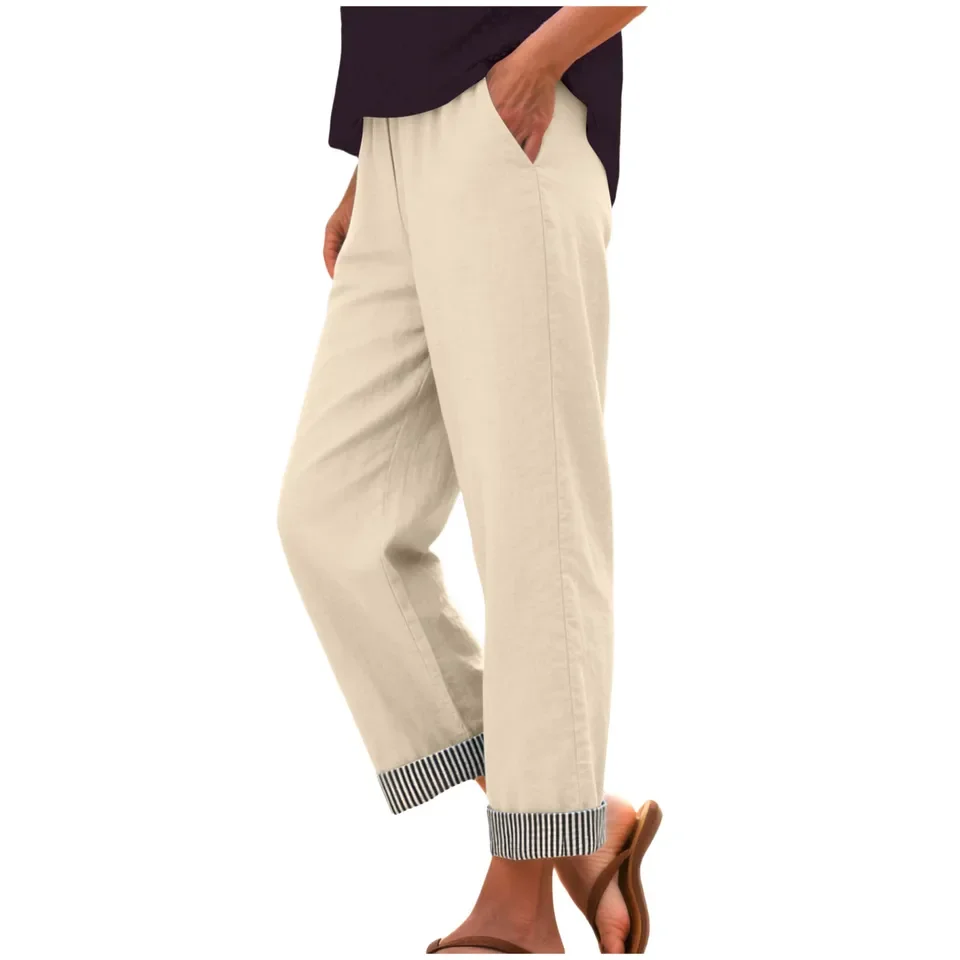 2026 New Beach Pants For Women Color Blocked Rolled Up Straight Leg Pants Summer Casual Trousers With Pockets Pantalones
