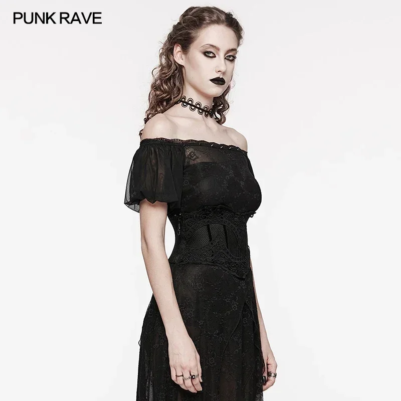 PUNK RAVE Women's Gothic Hollow Mesh & Lace Decals Corset Velvet Ribbon in The Back Club Accessories Wide Waist Belts for Women