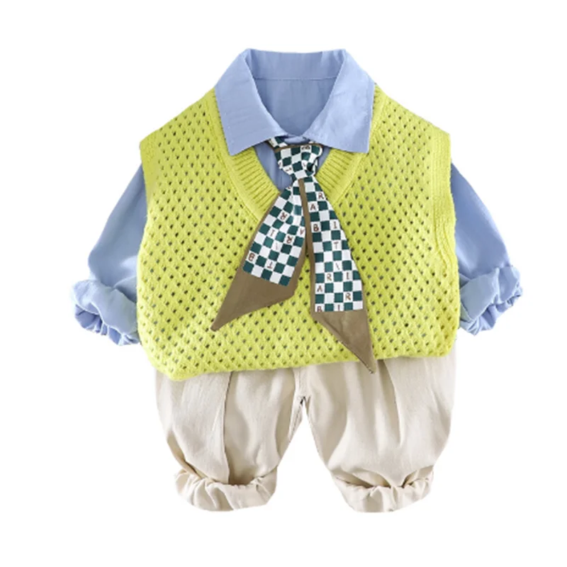 Boys Clothes Sets Spring Autumn Children Knitted Vest Tie Shirts Pants 3pcs Party Suit For Baby Costume Kids Fashion Outfits 6Y