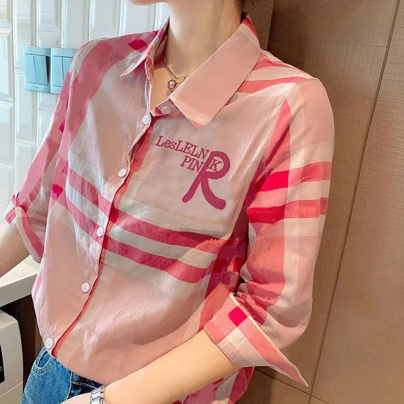 

French Style Pink Letter Plaid Shirts Street Fashion Long Sleeve Button Up Shirt Polo Neck Lapel Blouse Sweet Women Office Lady