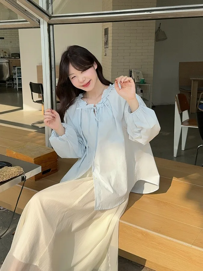 

plus Size Women's Shirt with Wood Grain Ruffle And Knot Long Sleeve UV Protection Spring Summer New Design Casual Wear