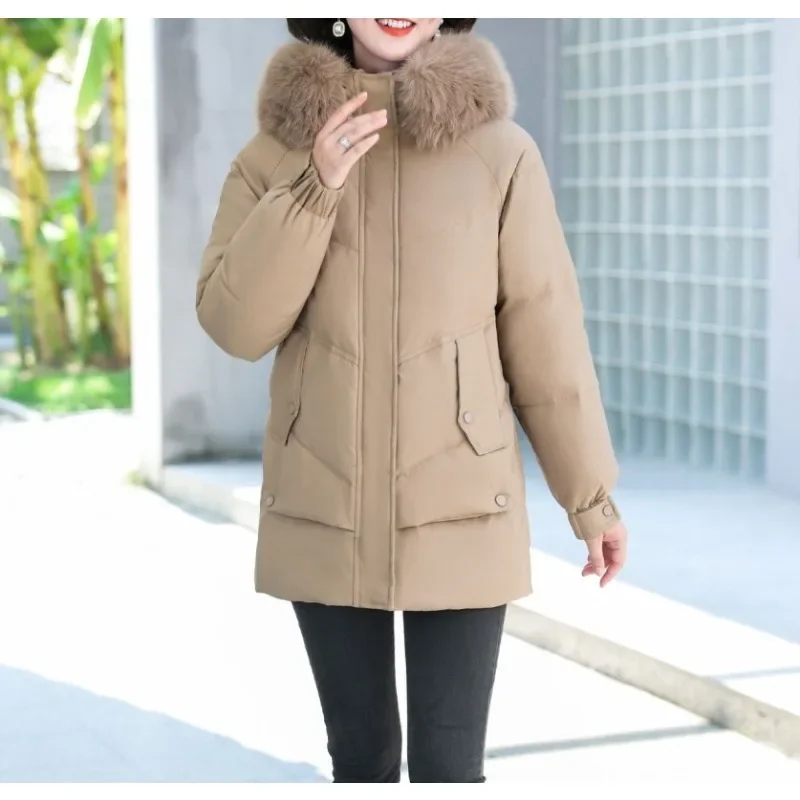 New Winter Women\'s Thickened and Warm White Duck Down Down Jackets, with Fur Collars and Hoods, Mid-long Coat Styles.