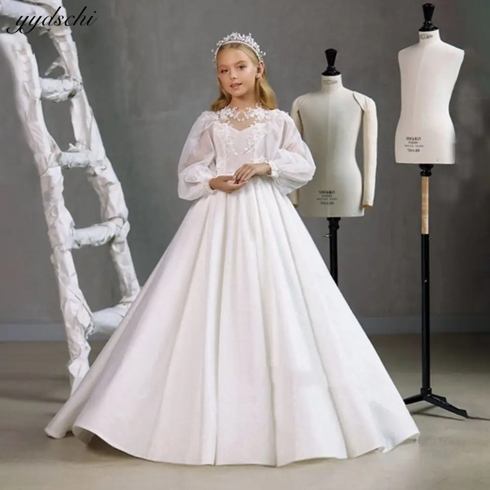 Elegante branco tule inchado mangas compridas vestidos da menina de flor para o casamento 2023 princesa rendas apliques pageant primeira comunhão vestido