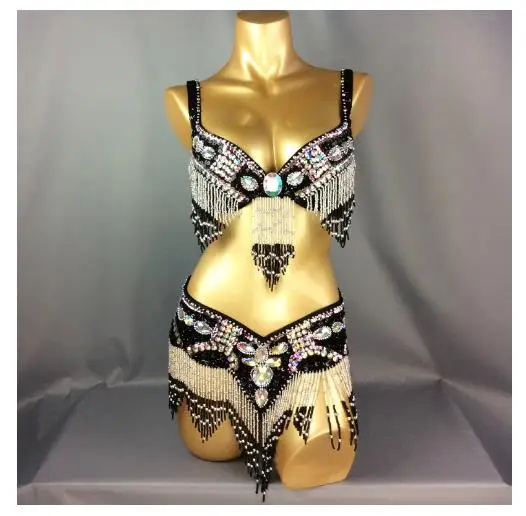 New arrival Women's beaded belly dance costume wear Bar+Belt 2pc set 11 colors ladies bellydancing costumes bellydance clothes