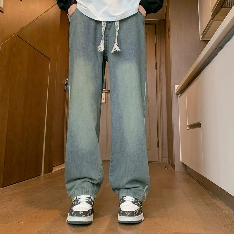 Youthful Straight Leg Jeans Men's Casual Loose Fit Classic Washed Versatile Wide Leg Trendy Slimming Blue Jeans