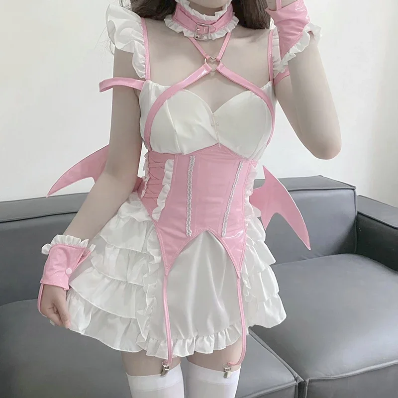 Robe cosplay gothique Lolita pour petites filles, jolie mini robe dos nu à volants et bretelles avec aile, Halloween 303