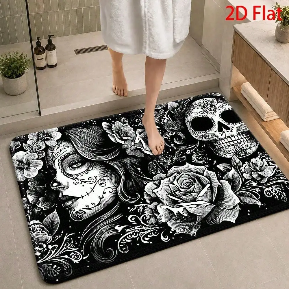 1pc Halloween 2D Flat Day Of The Dead Sugar Skull Floral Flannel Bath Mat, Black White Gothic Design, Soft Absorbent Non-Slip Machine Washable Floor Rug For Bathroom, Shower, Toilet And Holiday Home Decor