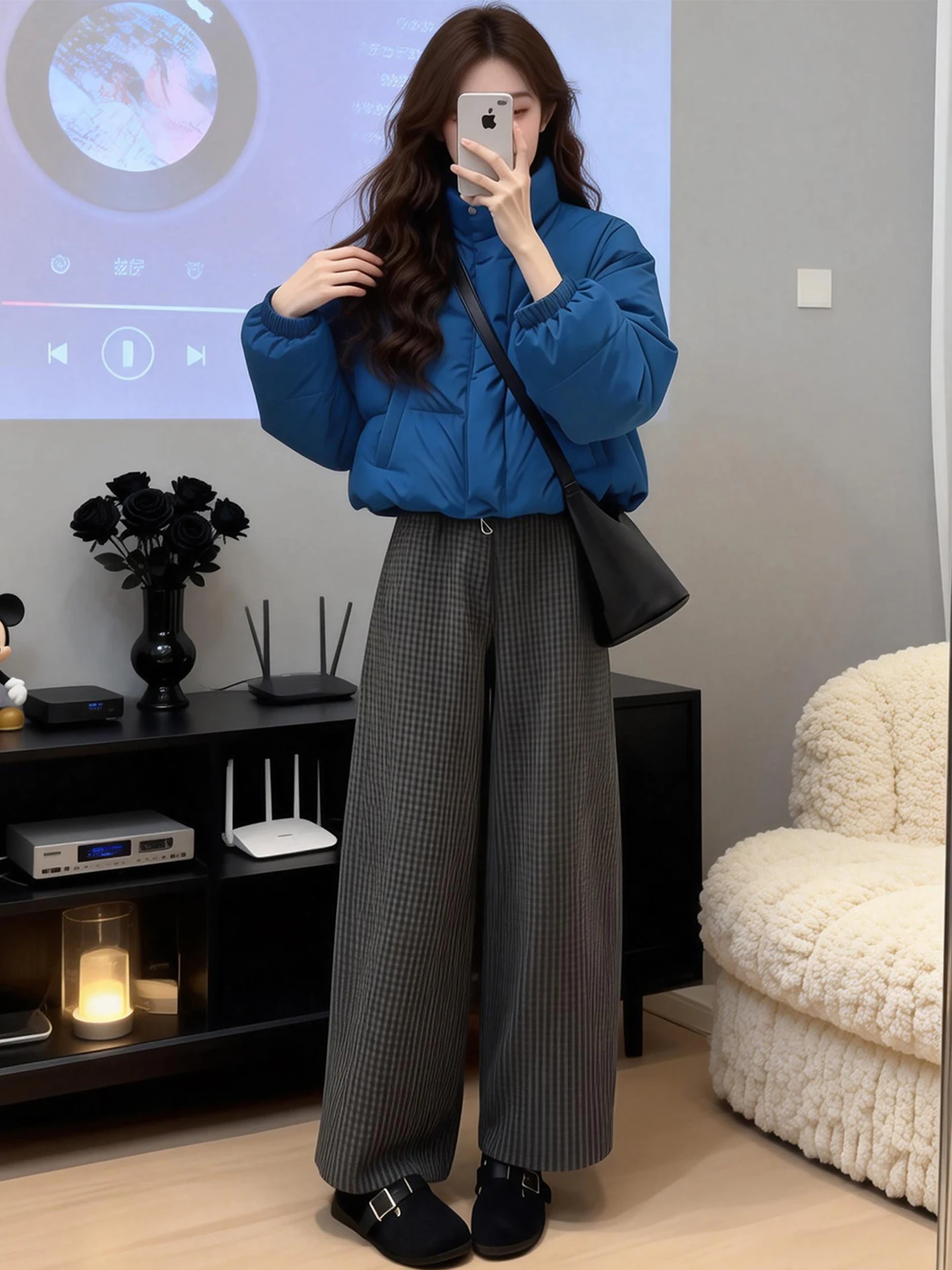 

Autumn Winter Thickened Warm Loose Women's Cotton Jacket And Plaid Pants Two-Piece Set High Waist Zipper Closure Casual Wear