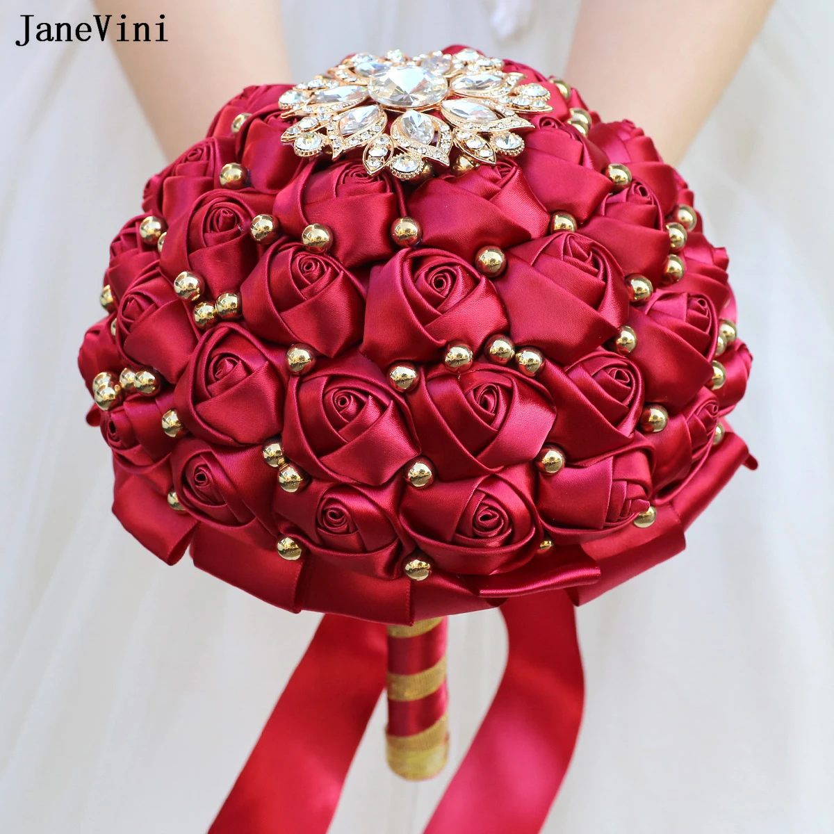 JaneVini New Luxury Rhinestone Dark Red Bridal Bouquets Bling Golden Pearls Artificial Satin Roses Bride Wedding Flowers Bouquet