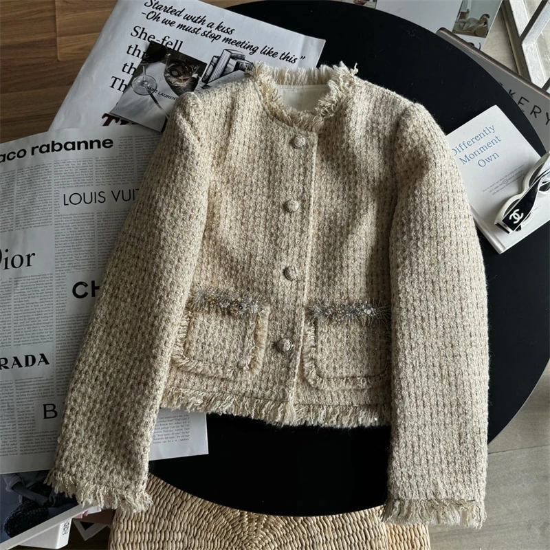 Women Y2K Sequin Tweed Jacket Beaded Fringe Knitwear Autumn Winter Slim Fit Cropped Short Coat Fashion Luxury Chic Outerwear
