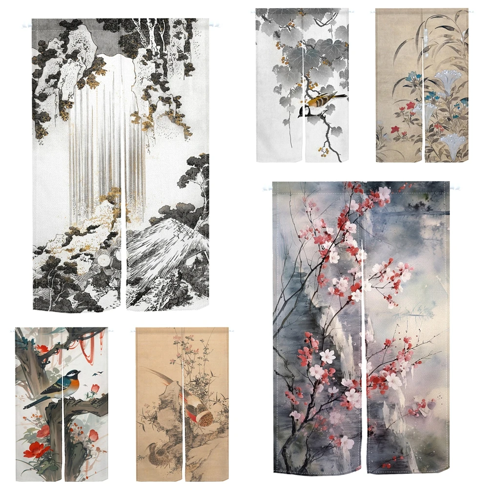 Cortina Decorativa con Pintura Artística a Tinta de Agua, Paisaje Tradicional Chino, Cortina Japonesa de Media Altura para Cocina, Entrada o Decoración de Habitaciones