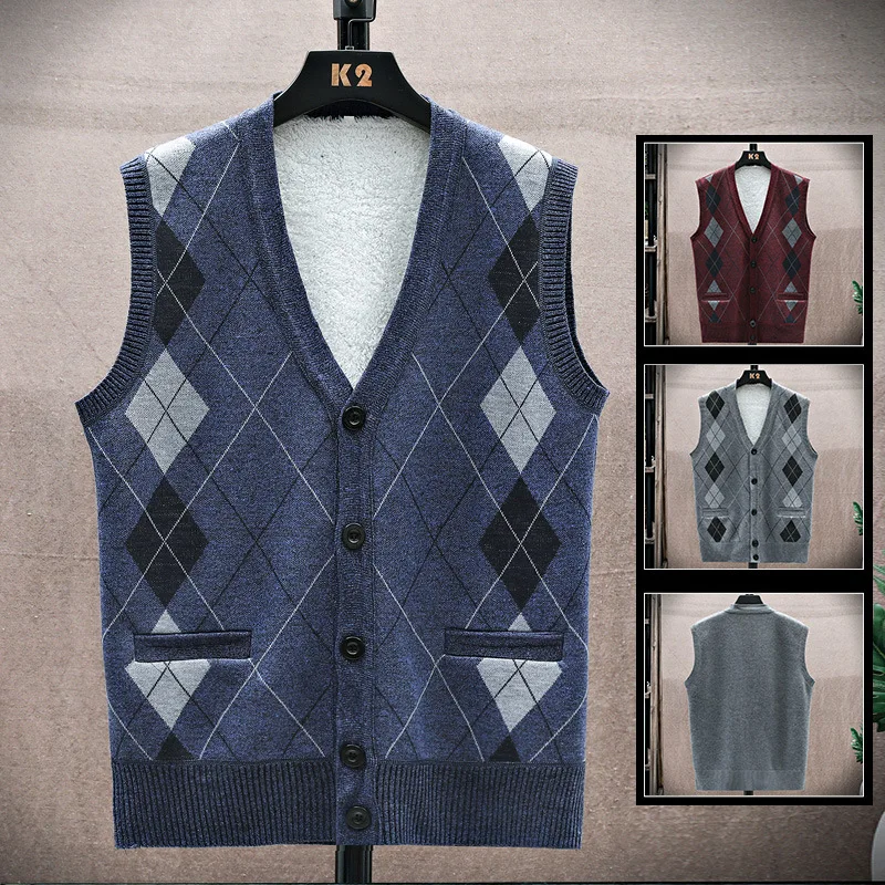 

Autumn Winter Warm Mens Wool cashmere Knit Sweater Vest Slim V-Neck Fashion Mens Plush waistcoat Sleeveless chalecos para hombre