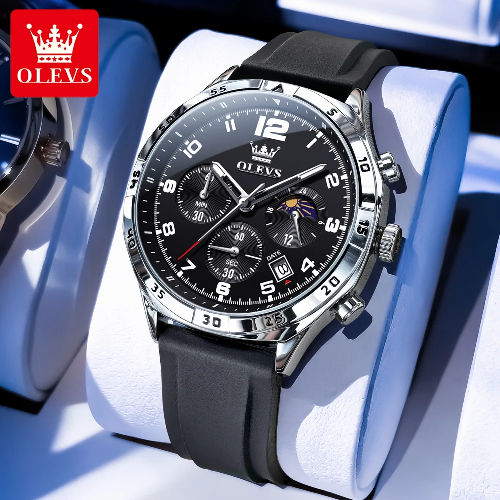 

OLEVS Watches for Men Comfortable Silicone Strap Waterproof Luminous 24 Hour Moon Phase Chronograph Men's Sports Wristwatch 2986